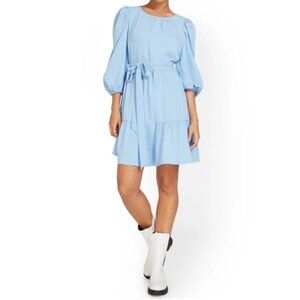 New York & Company Tiered Dress Womens Size Large Blue Tie-Waist Long Sleeve